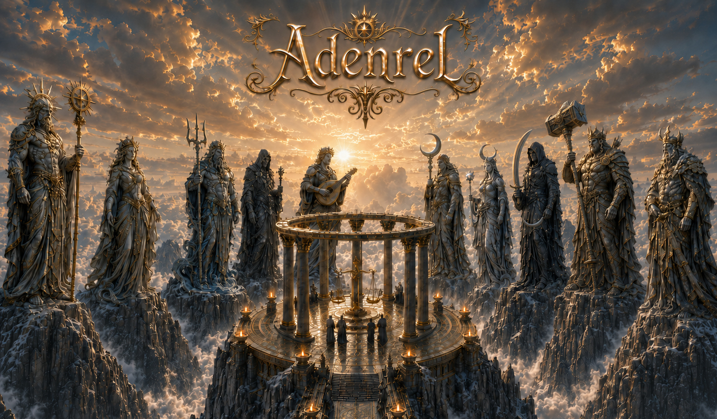 Adenrel splash artwork, with golden lettering above a monumental fantasy sanctuary